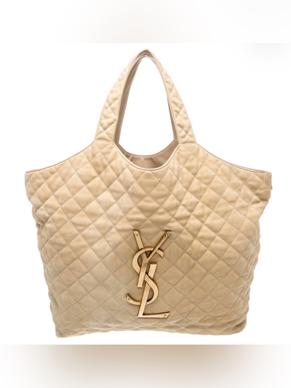 Saint Laurent YSL Quilted 2023 Icare Maxi Cream Leather Tote with Gold YSL Emble